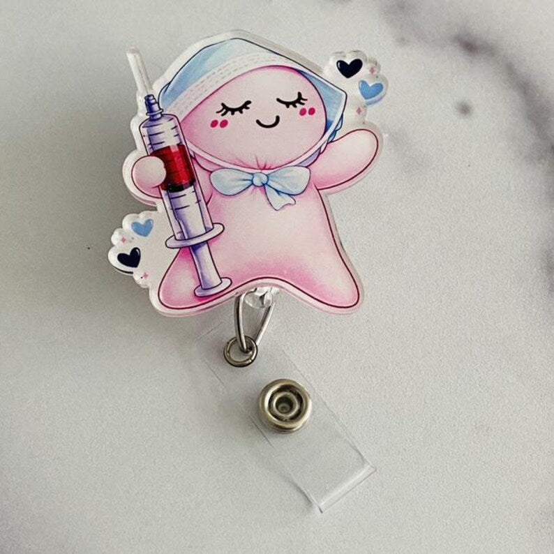 Cute Nurse Pink Glove Doll Syringe Badge Reel | Syringe Medical ID Holder