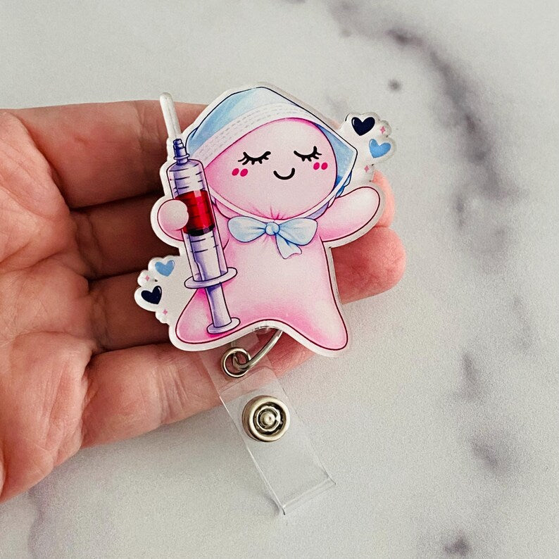Cute Nurse Pink Glove Doll Syringe Badge Reel | Syringe Medical ID Holder