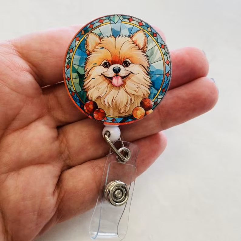 Pomeranian Faux Stained Glass Badge Reel – Cute Dog Lover ID Holder