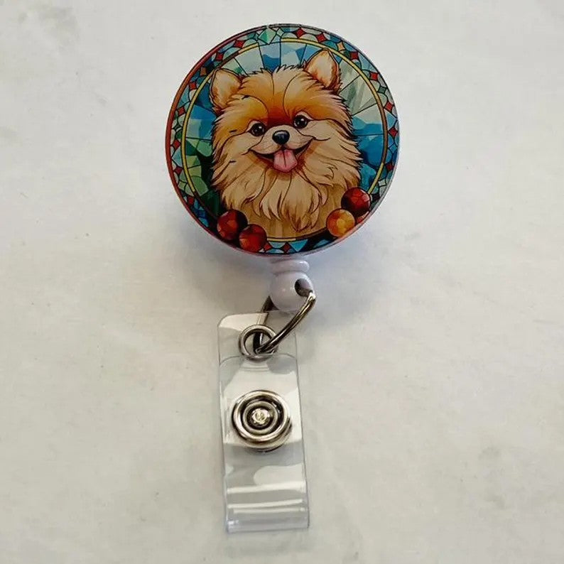 Pomeranian Faux Stained Glass Badge Reel – Cute Dog Lover ID Holder