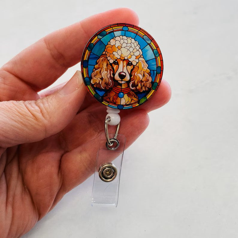 Poodle Faux Stained Glass Badge Reel – Elegant Dog Lover ID Holder