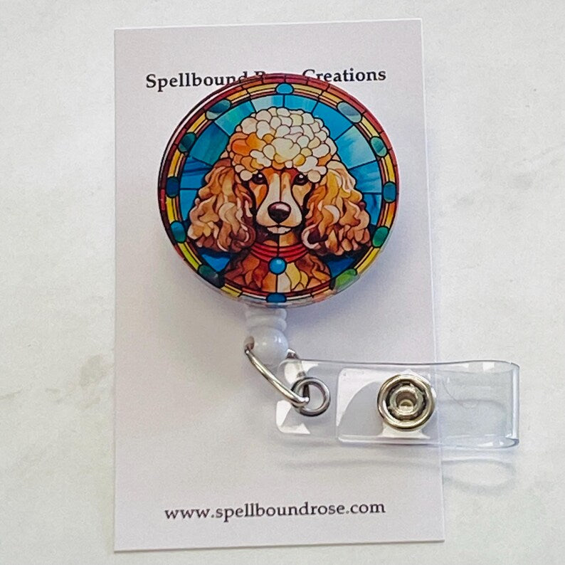 Poodle Faux Stained Glass Badge Reel – Elegant Dog Lover ID Holder