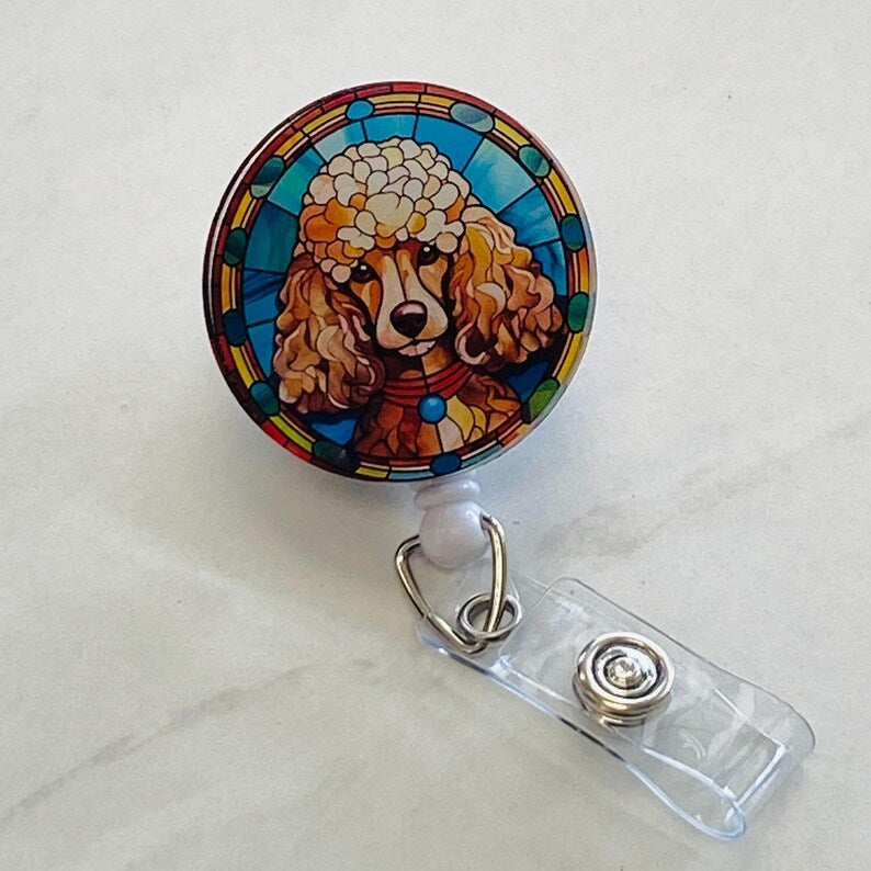 Poodle Faux Stained Glass Badge Reel – Elegant Dog Lover ID Holder