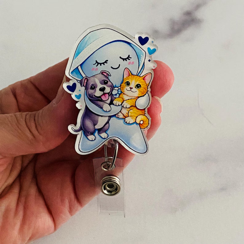 Cute Glove Doll with Puppy & Kitten Badge Reel – Cute Healthcare Animal Lover ID Holder
