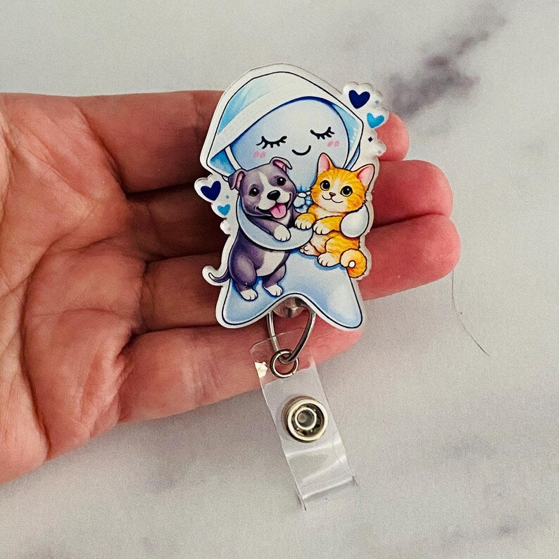 Cute Glove Doll with Puppy & Kitten Badge Reel – Cute Healthcare Animal Lover ID Holder
