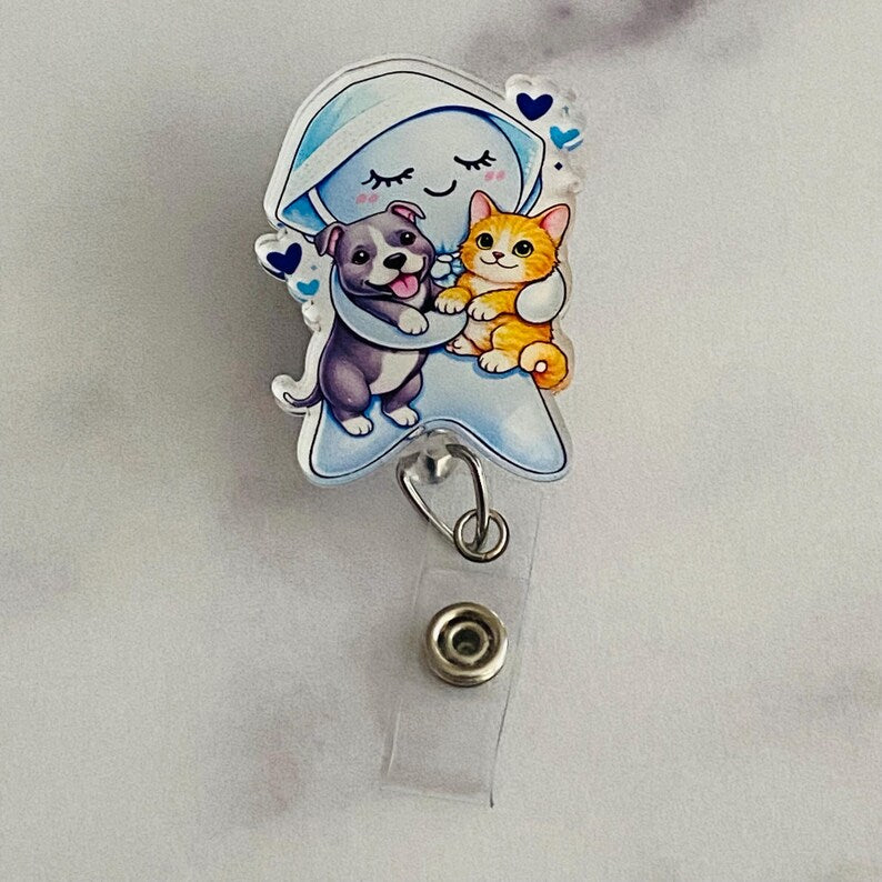 Cute Glove Doll with Puppy & Kitten Badge Reel – Cute Healthcare Animal Lover ID Holder