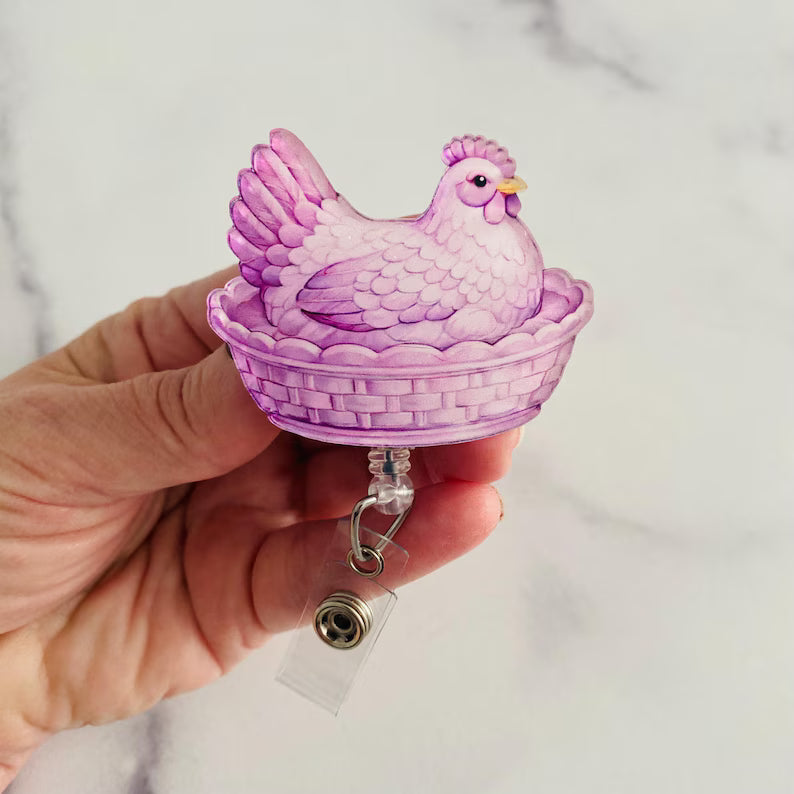 Purple Hen on Nest Badge Reel – Fresh Farmhouse Style ID Holder