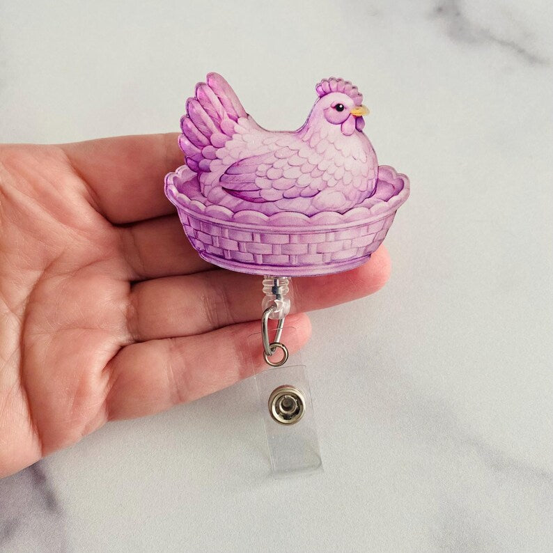 Purple Hen on Nest Badge Reel – Fresh Farmhouse Style ID Holder
