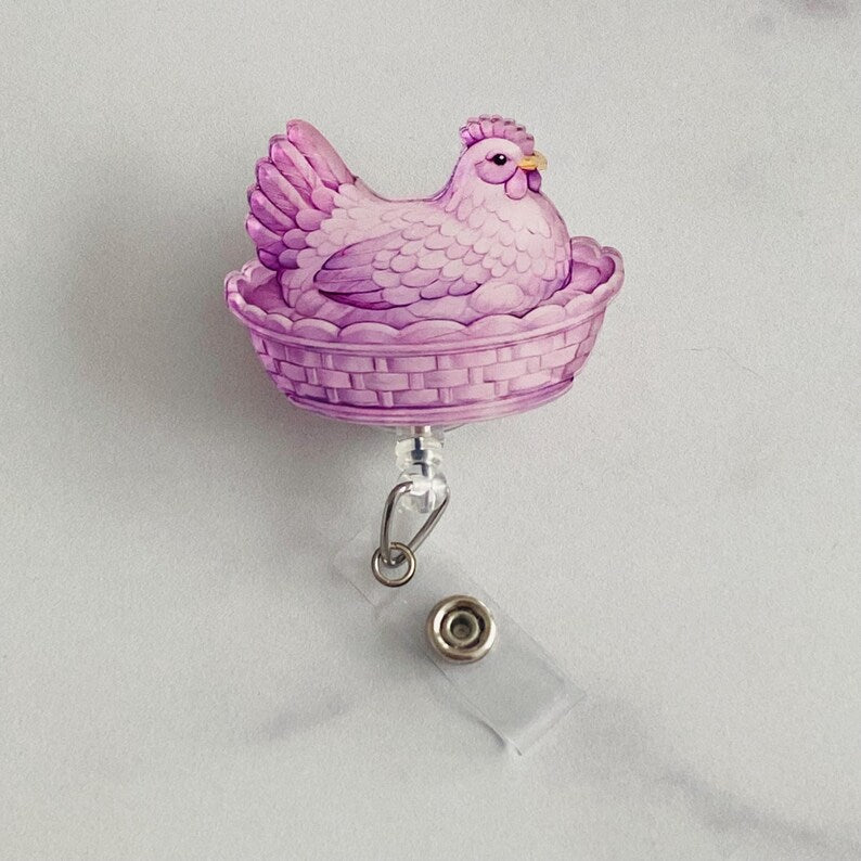 Purple Hen on Nest Badge Reel – Fresh Farmhouse Style ID Holder