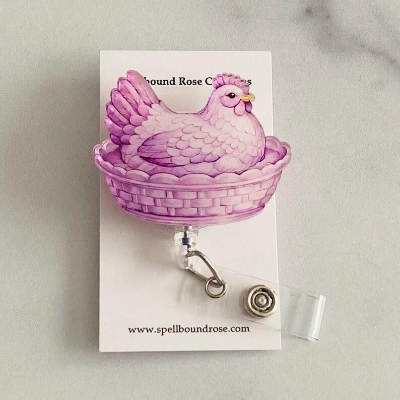 Purple Hen on Nest Badge Reel – Fresh Farmhouse Style ID Holder