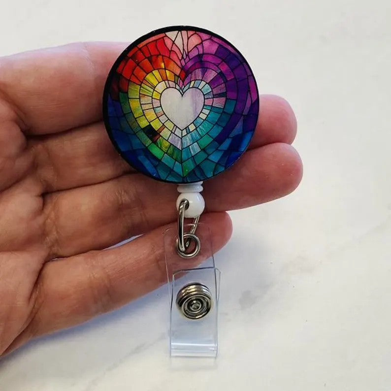 Rainbow Heart Faux Stained Glass Badge Reel – Colorful Pride ID Holder