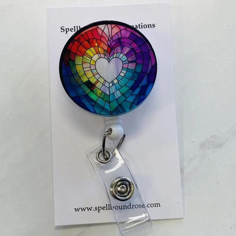 Rainbow Heart Faux Stained Glass Badge Reel – Colorful Pride ID Holder