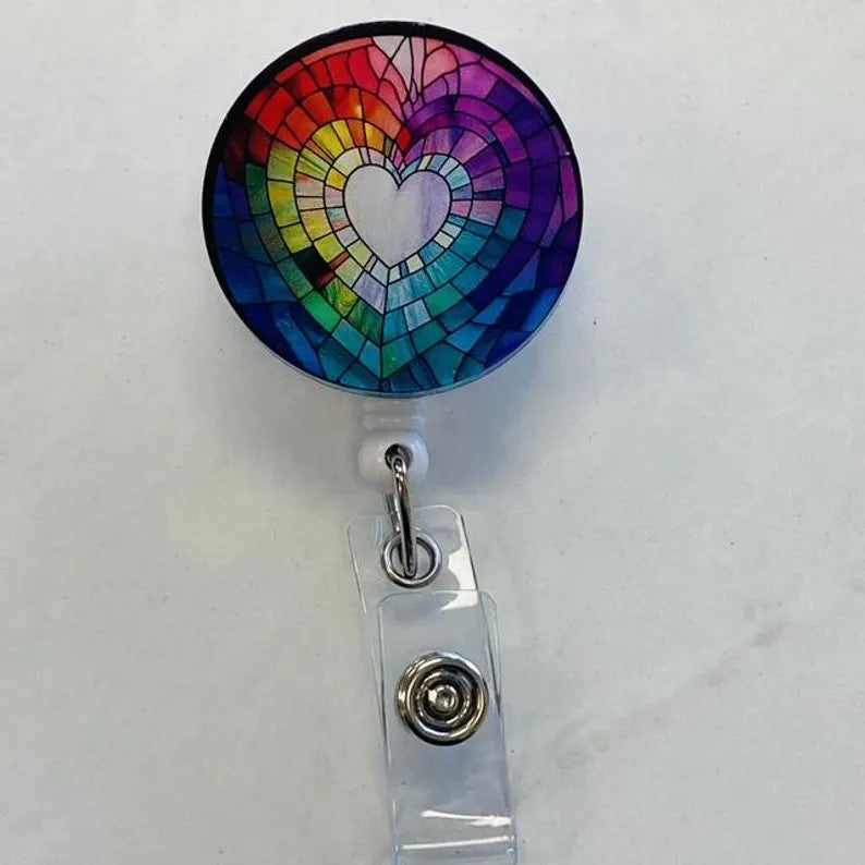 Rainbow Heart Faux Stained Glass Badge Reel – Colorful Pride ID Holder