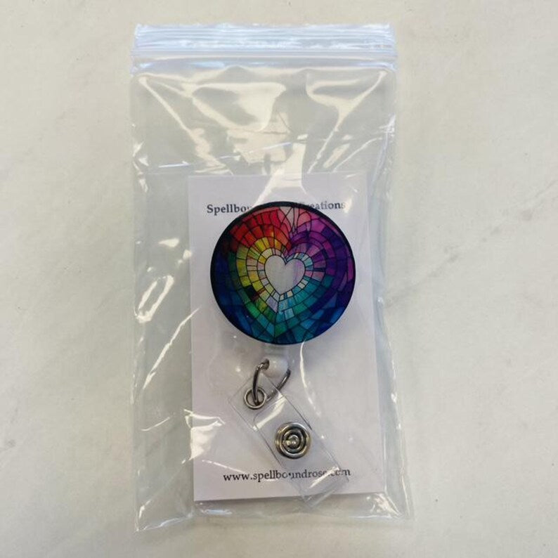 Rainbow Heart Faux Stained Glass Badge Reel – Colorful Pride ID Holder