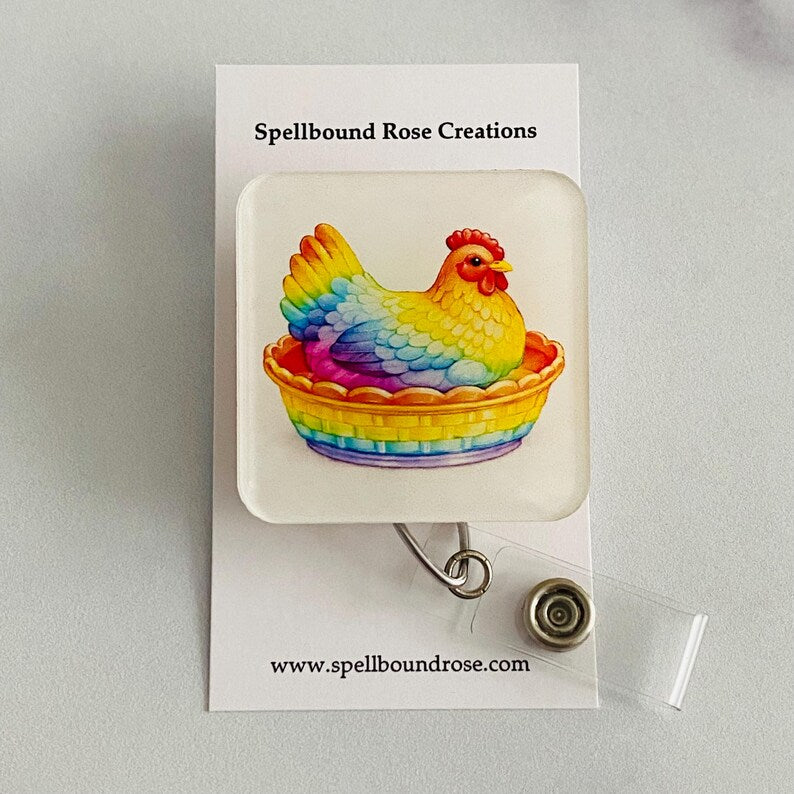 Rainbow Hen in Dish Badge Reel – Colorful Farm Animal ID Holder