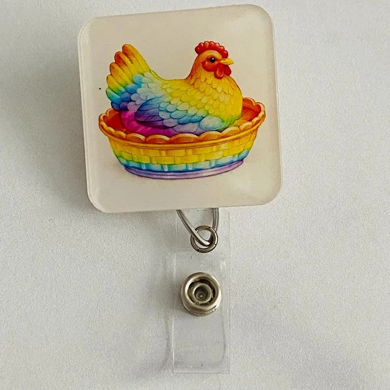 Rainbow Hen in Dish Badge Reel – Colorful Farm Animal ID Holder