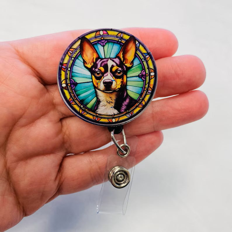 Rat Terrier Faux Stained Glass Badge Reel – Colorful Dog Lover ID Holder