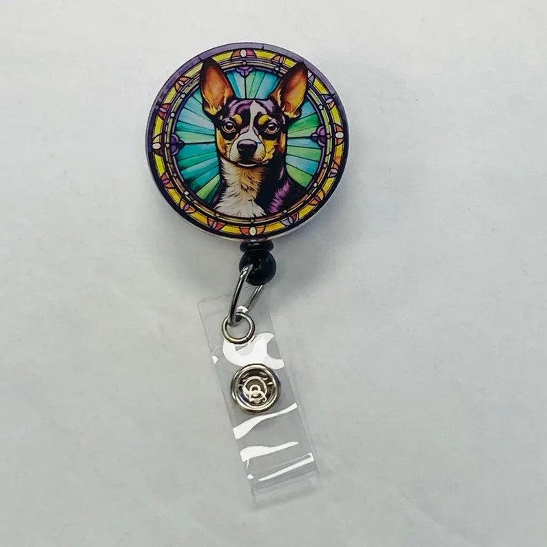 Rat Terrier Faux Stained Glass Badge Reel – Colorful Dog Lover ID Holder