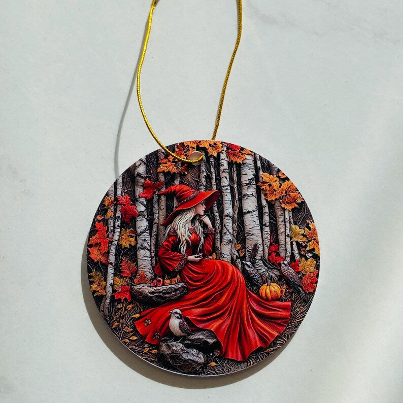 Crimson Witch Ornament – Autumn Magic in Stillness