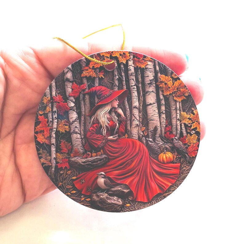 Crimson Witch Ornament – Autumn Magic in Stillness