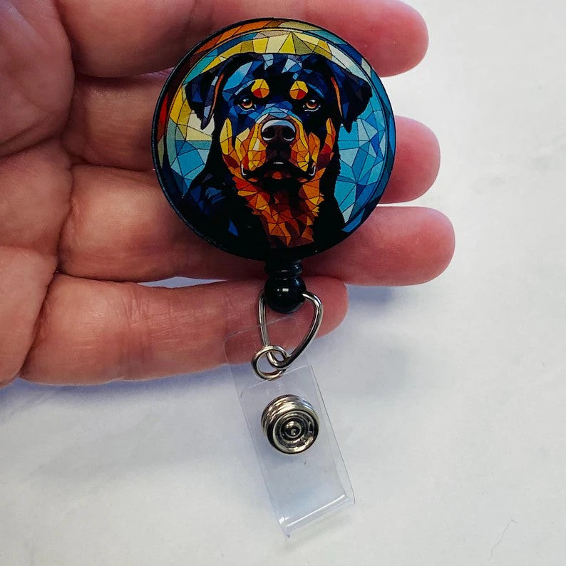 Rottweiler Faux Stained Glass Badge Reel – Bold Dog Lover ID Holder