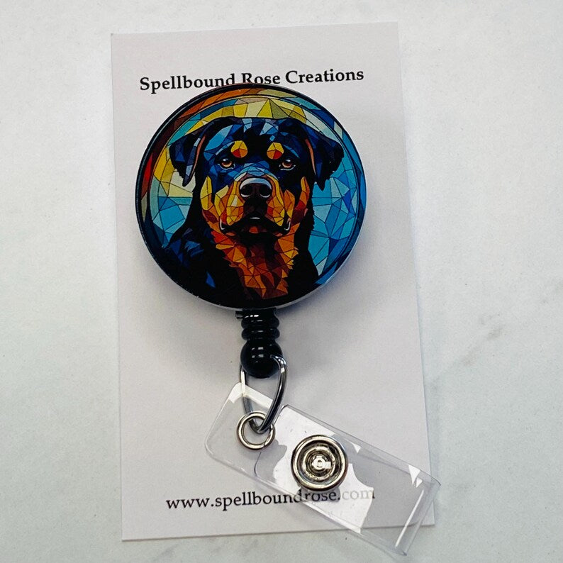 Rottweiler Faux Stained Glass Badge Reel – Bold Dog Lover ID Holder