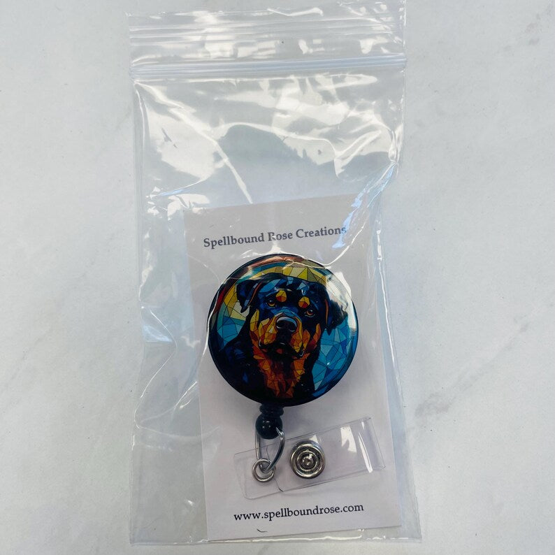 Rottweiler Faux Stained Glass Badge Reel – Bold Dog Lover ID Holder
