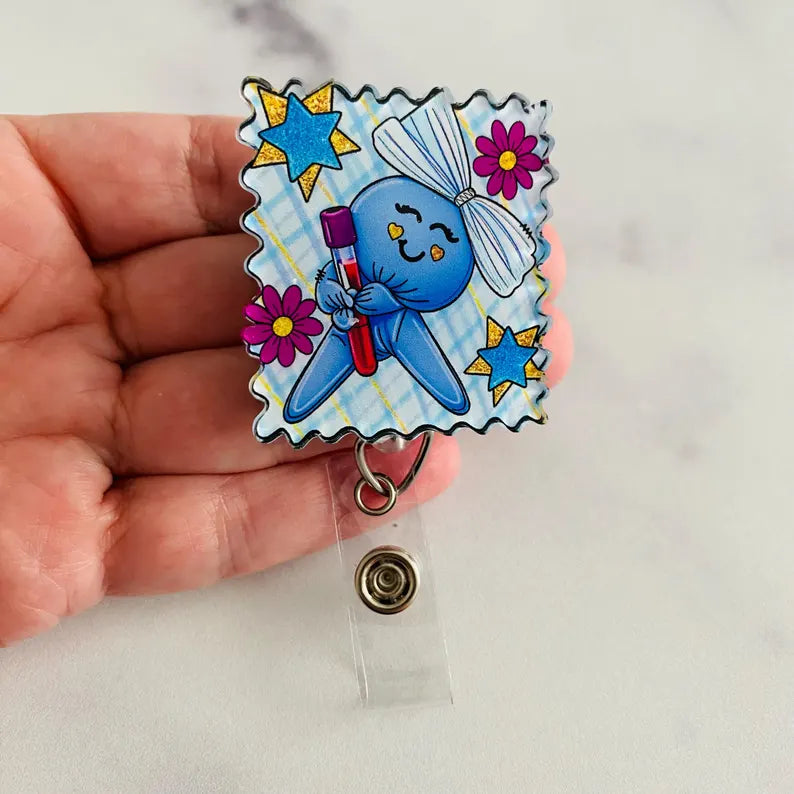Scalloped Phlebotomist Glove Person Badge Reel – Kawaii Glove Doll Nurse Retractable ID Holder