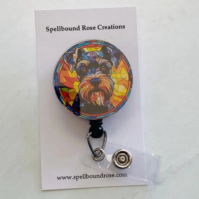 Schnauzer Faux Stained Glass Badge Reel – Colorful Dog Lover ID Holder