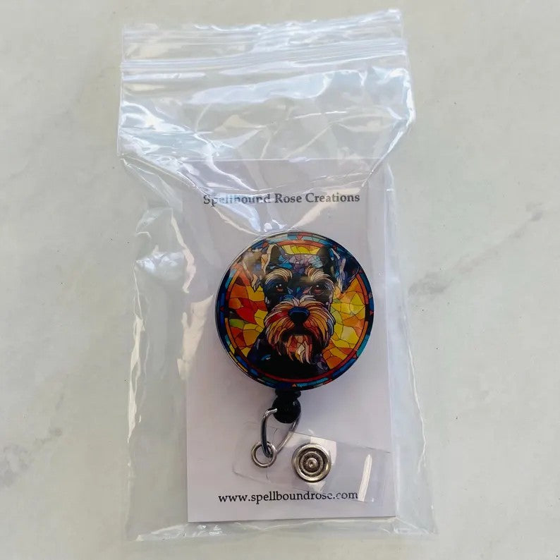 Schnauzer Faux Stained Glass Badge Reel – Colorful Dog Lover ID Holder