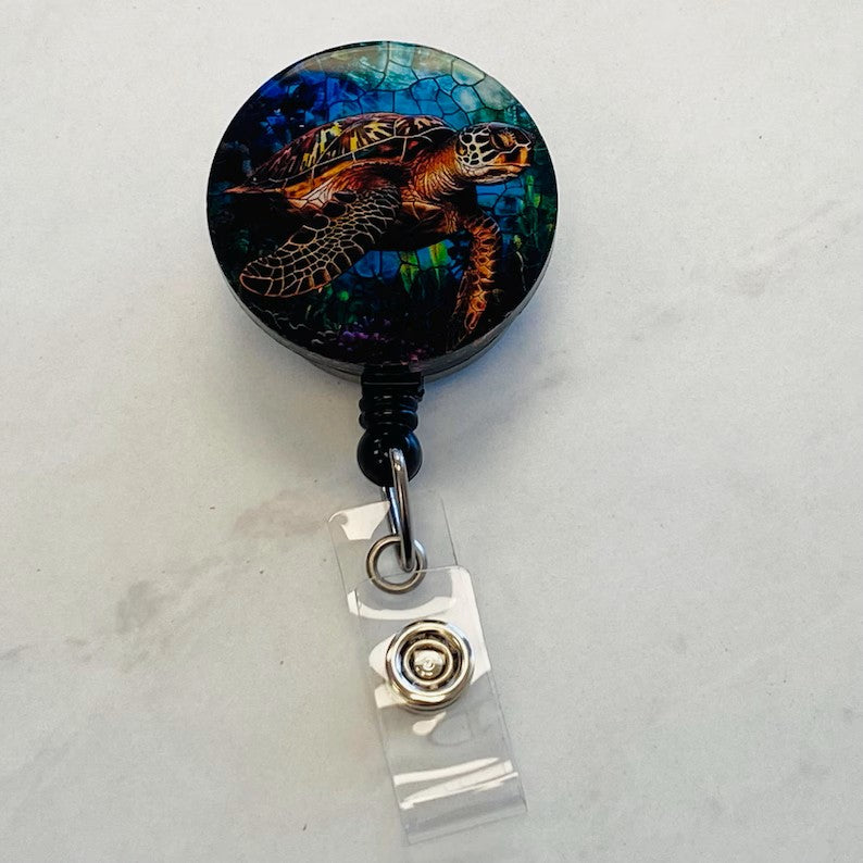 Sea Turtle Faux Stained Glass Badge Reel – Ocean Wildlife ID Holder