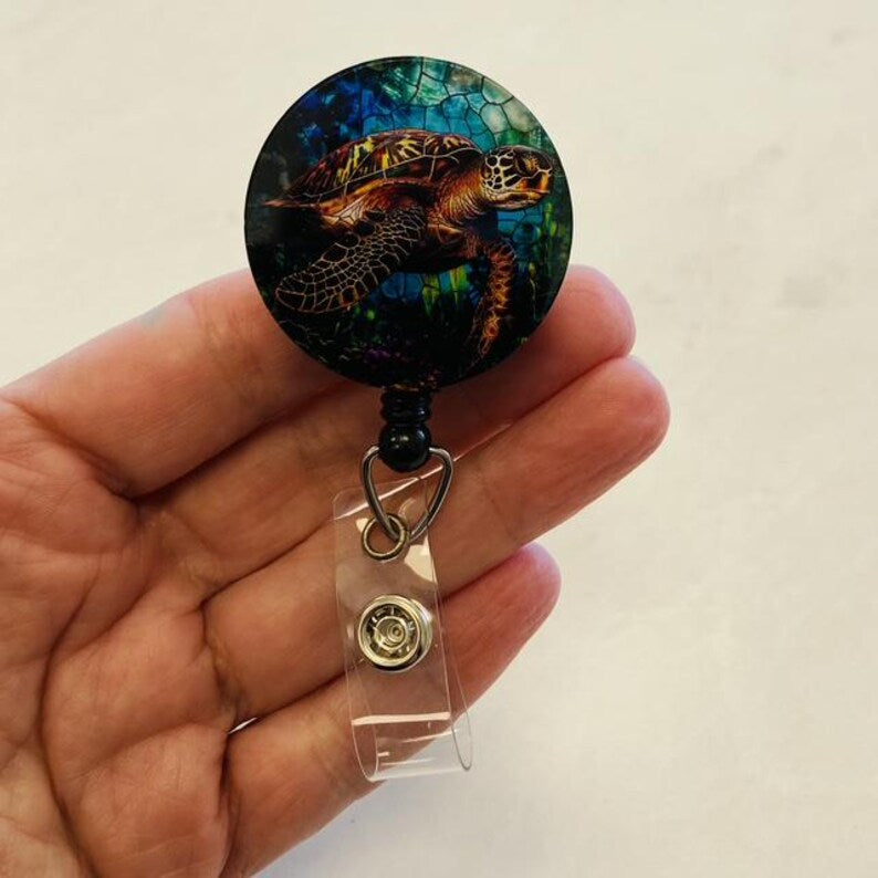 Sea Turtle Faux Stained Glass Badge Reel – Ocean Wildlife ID Holder