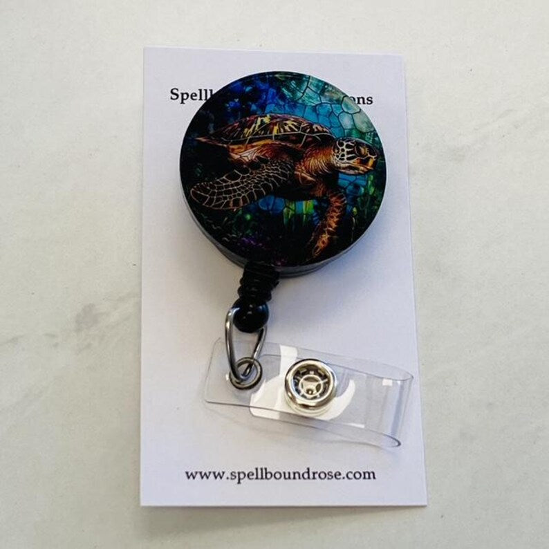 Sea Turtle Faux Stained Glass Badge Reel – Ocean Wildlife ID Holder