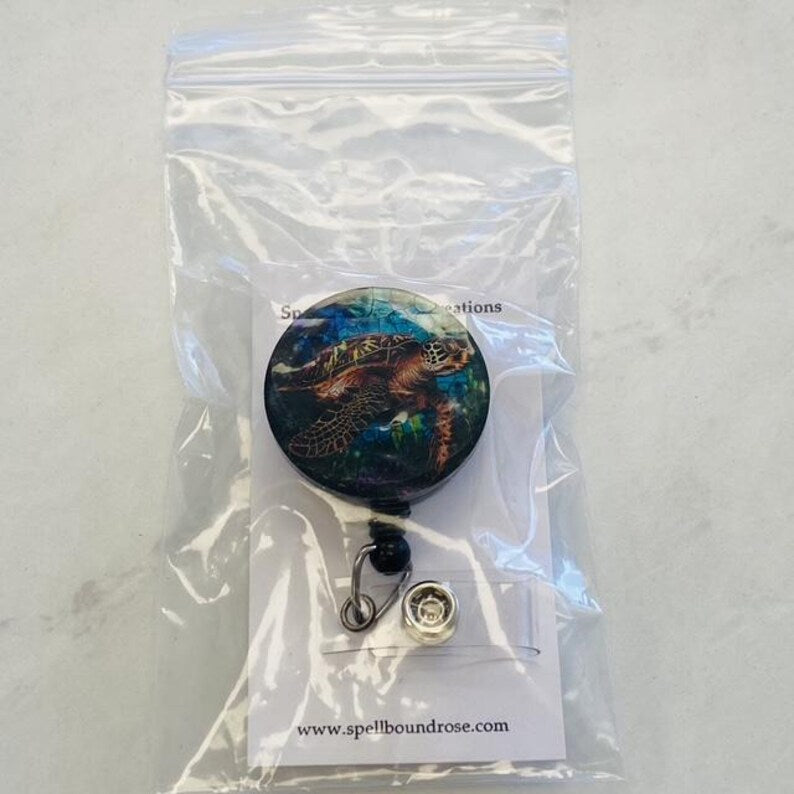 Sea Turtle Faux Stained Glass Badge Reel – Ocean Wildlife ID Holder