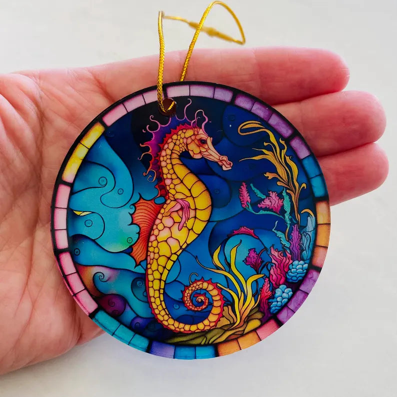 Seahorse Faux Stained Glass Ornament – Coastal Ocean Keepsake