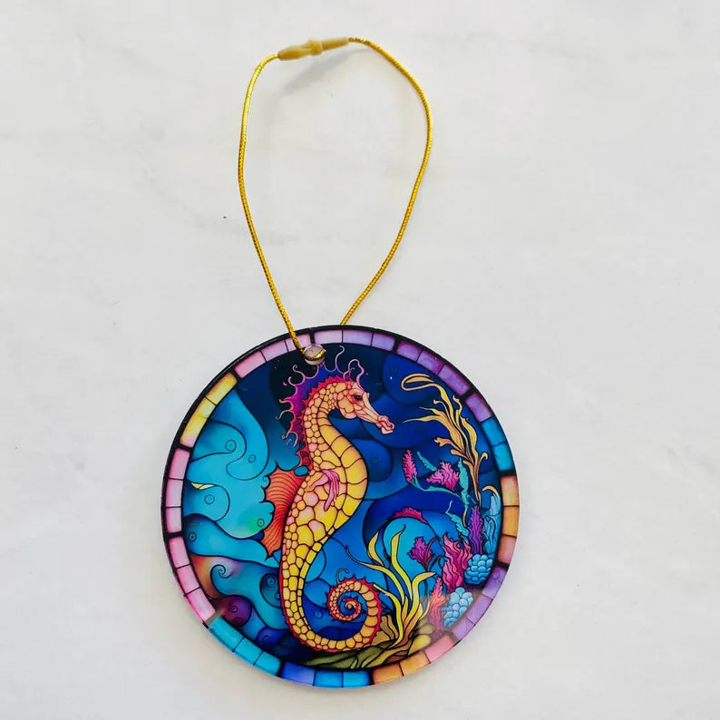 Seahorse Faux Stained Glass Ornament – Coastal Ocean Keepsake