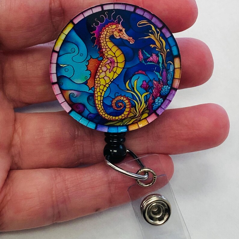 Seahorse Faux Stained Glass Badge Reel – Ocean-Themed ID Holder