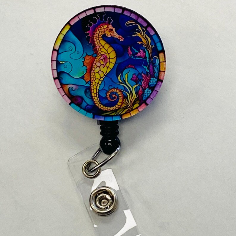 Seahorse Faux Stained Glass Badge Reel – Ocean-Themed ID Holder