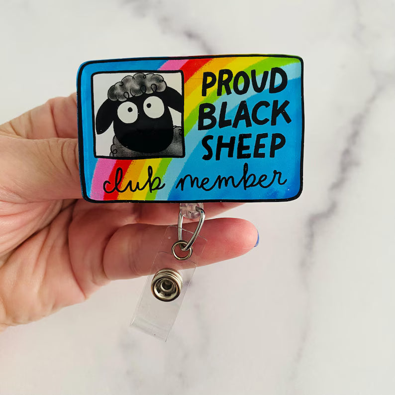 “Proud Black Sheep Club Member” Badge Reel – Funny Sheep Retractable ID Holder