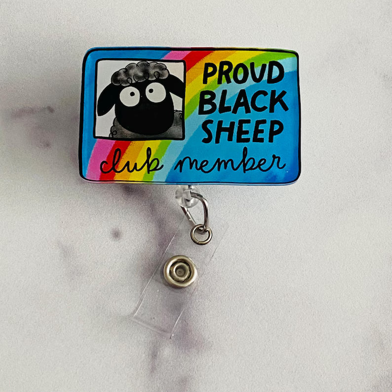“Proud Black Sheep Club Member” Badge Reel – Funny Sheep Retractable ID Holder