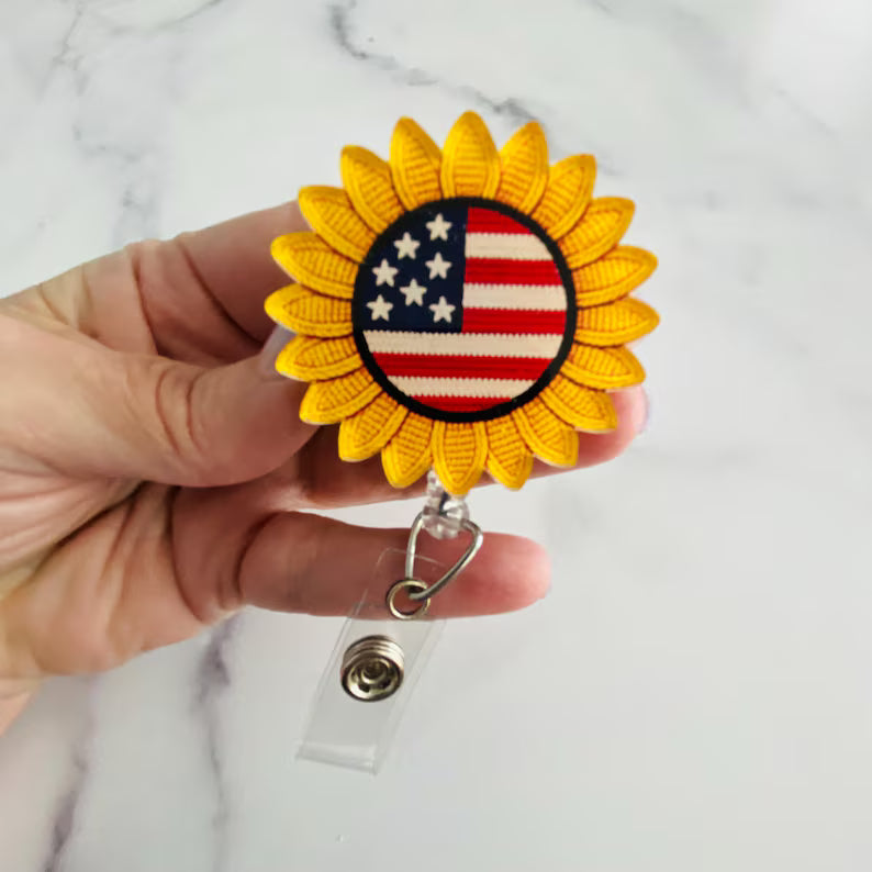 American Flag Sunflower Badge Reel – Floral Art Patriotic ID Holder