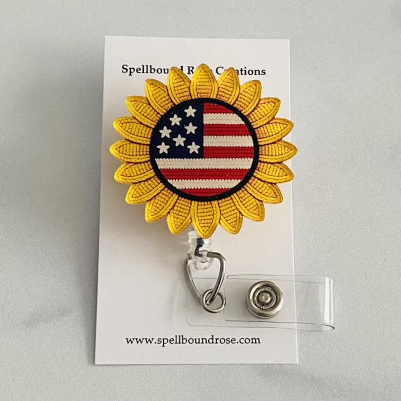 American Flag Sunflower Badge Reel – Floral Art Patriotic ID Holder