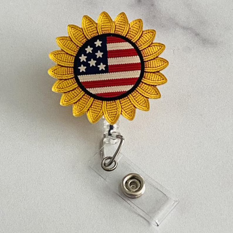 American Flag Sunflower Badge Reel – Floral Art Patriotic ID Holder