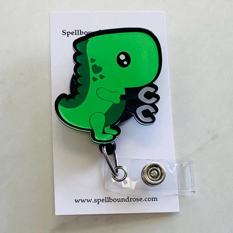 Cute Kawaii Green Dinosaur Badge Reel – Fun & Playful ID Holder
