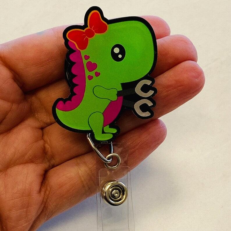 Cute Dino Badge Reel – Kawaii T-Rex Girl ID Holder