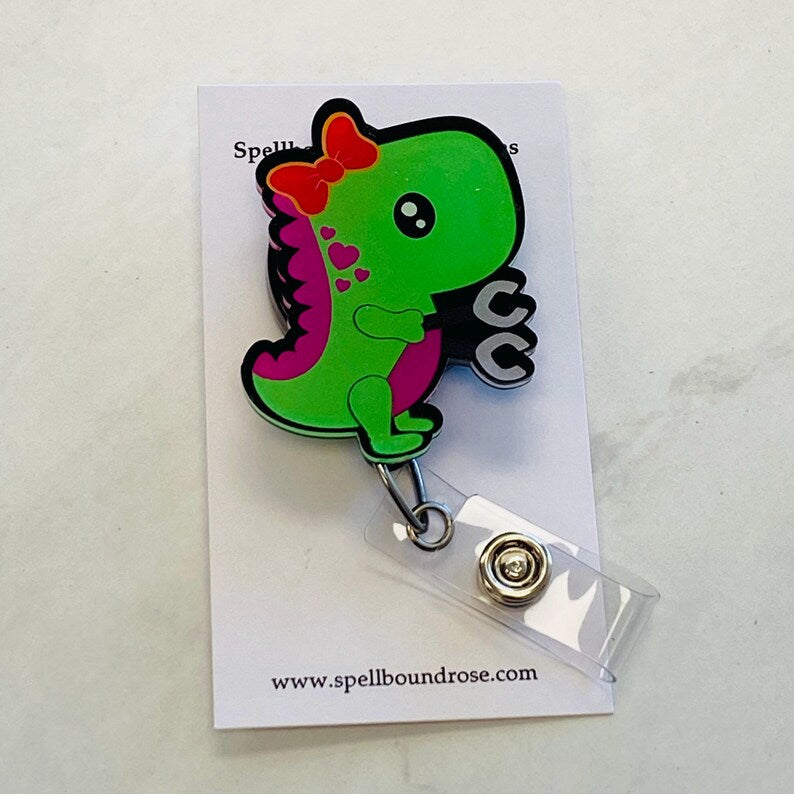 Cute Dino Badge Reel – Kawaii T-Rex Girl ID Holder