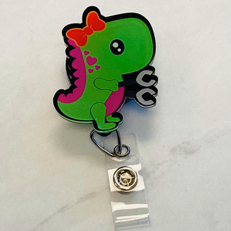 Cute Dino Badge Reel – Kawaii T-Rex Girl ID Holder
