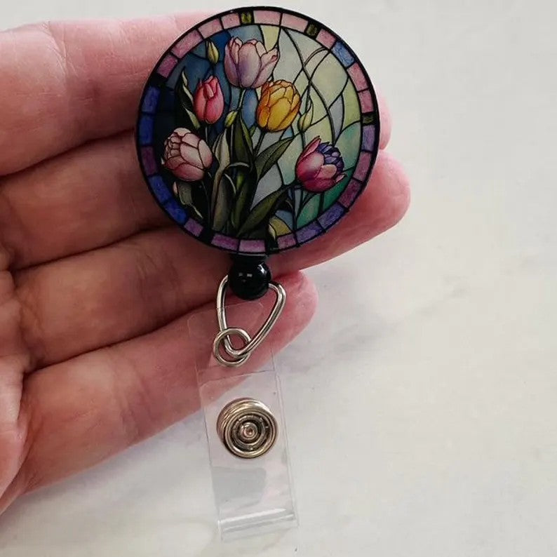 Tulip Faux Stained Glass Badge Reel – Floral Art ID Holder