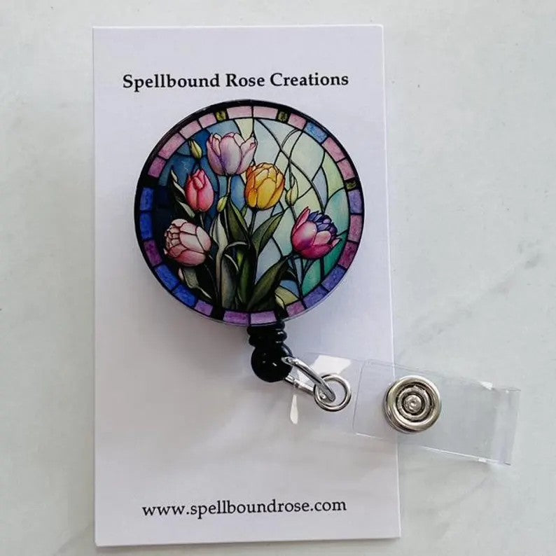 Tulip Faux Stained Glass Badge Reel – Floral Art ID Holder