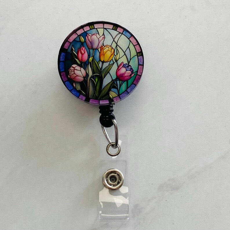 Tulip Faux Stained Glass Badge Reel – Floral Art ID Holder